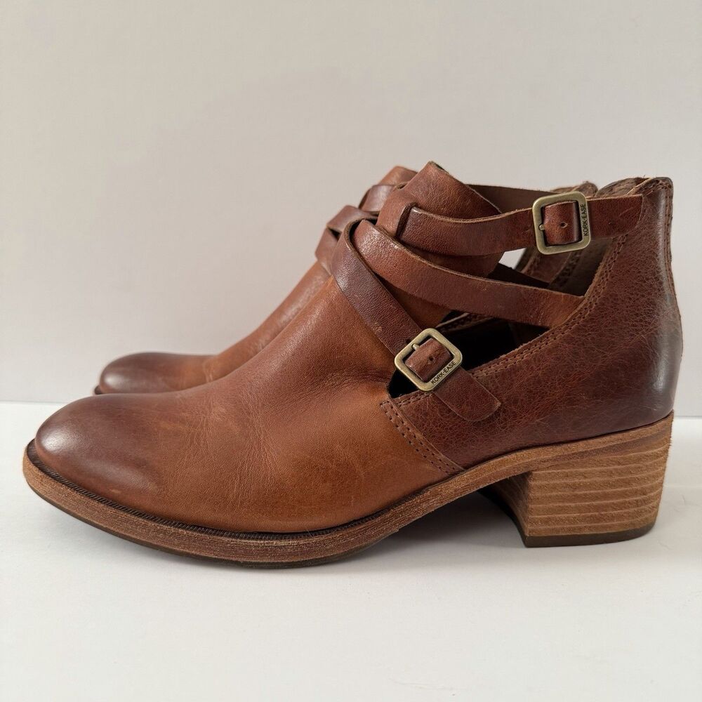 Kork-Ease Jardin Brown Leather Strappy Cut Out Ankle Booties Block Heel Size 8